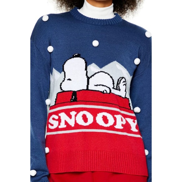 Peanuts Sweaters - Peanuts Snoopy Navy Blue Pom Pom Christmas Knit Holiday Sweater Women's SMALL